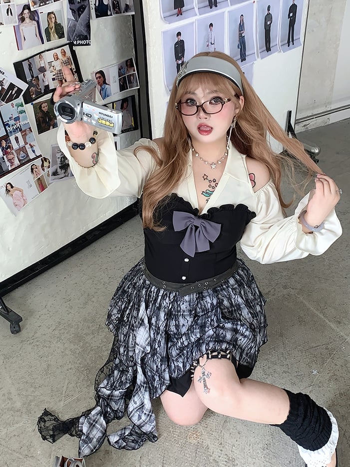 Plaid Waist Accessory with Cascading Ruffles Size Black Plus Brown /