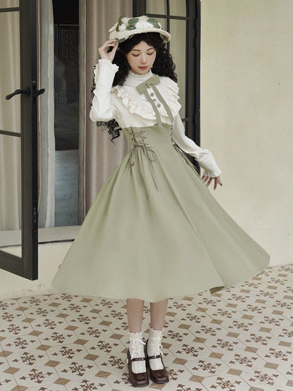 Spring Sleeves Ruffle Neckline Fake Lolita Dress Light Green Long Design and Classic Two-pieces Beige