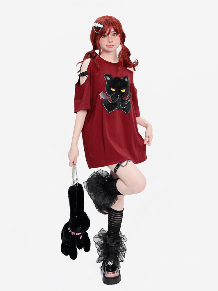 Dark Red Plush Evil Kitty Applique Cutout Shoulder Punk T-shirt