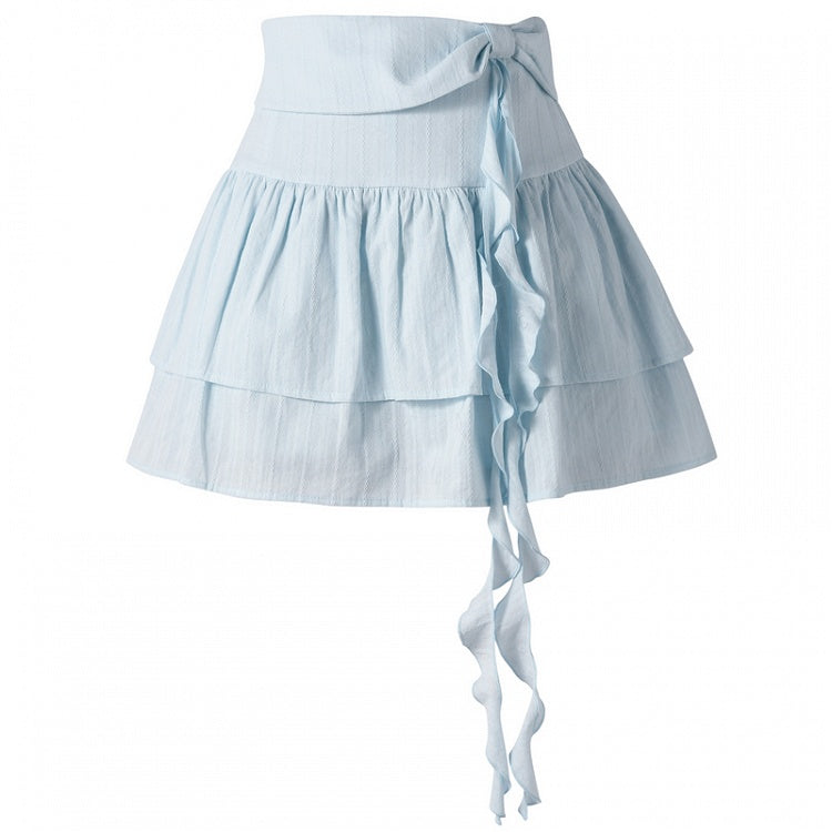 Yume Kawaii Blue Bowknot Detail Waist Tiered Skirt