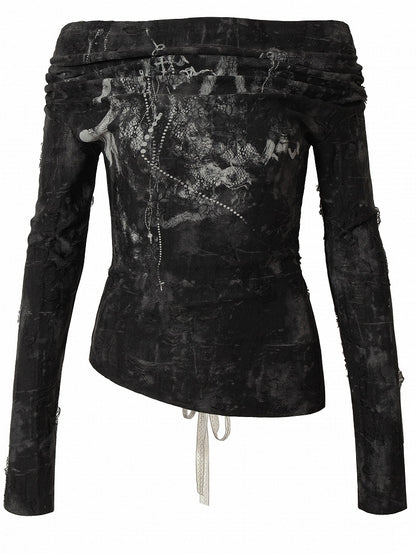 Lace-up Wasteland Black Top Off-the-shoulder Punk Design Neckline