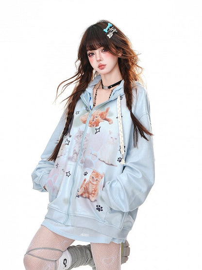 White/Blue Kitty Zip Closure Loose Hoodie