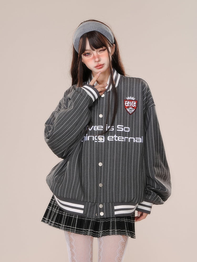 Gray White Stripe Embroidery Baseball Jacket