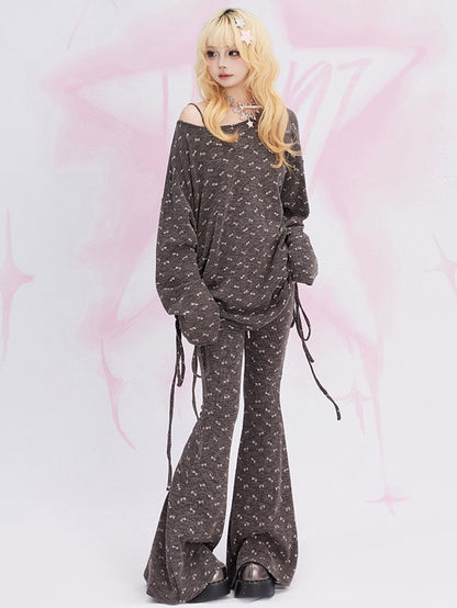 Coffee Bowknot Allover Print Flared Pants