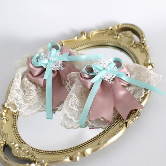 Wrist Pink White Bows Mint Lace Cuffs with