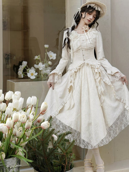 Beige Lace Patches Irregular Skirt Rose Fabric Lolita Dress