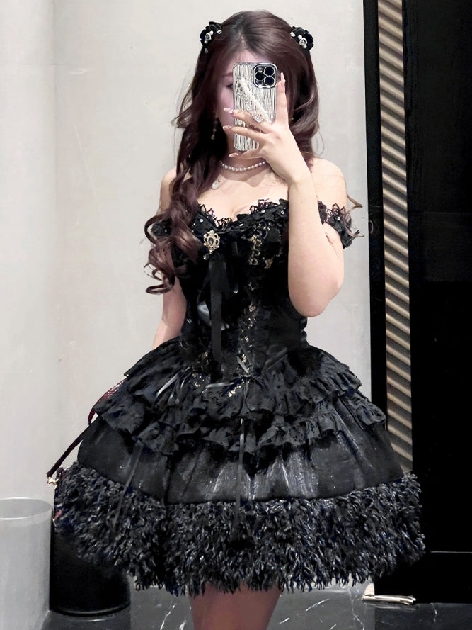 Black and Gold Strapless Sweetheart Neckline Corset Top + Shimmering Black Sequins Skirt