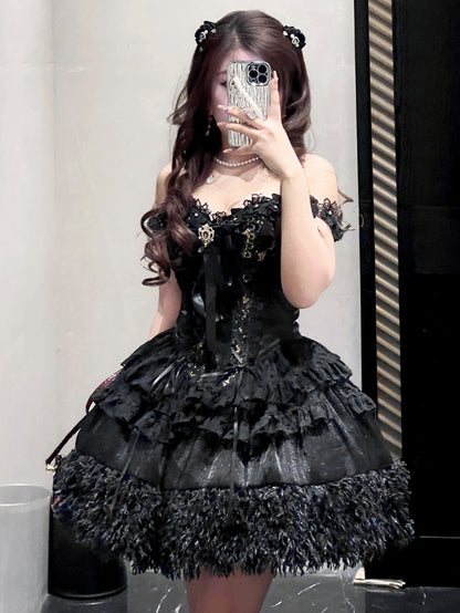 Black and Gold Strapless Sweetheart Neckline Corset Top + Shimmering Black Sequins Skirt