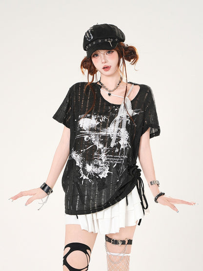 T-Shirt mit Schmetterlingsdruck, schwarz/weißen Trägern und Löchern im Used-Look, selbstbindender Ausschnitt