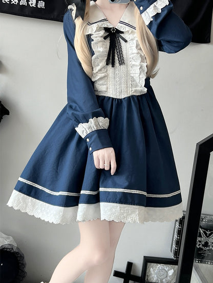 Dark Blue Long Sleeves Ruffled Trim Above Knee Dress
