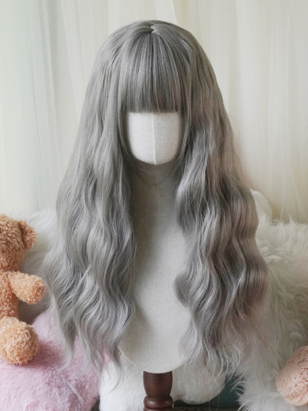 Black/White/Light Blonde/Blonde/Caramel/Grey Long Wavy Wig With Full Bangs