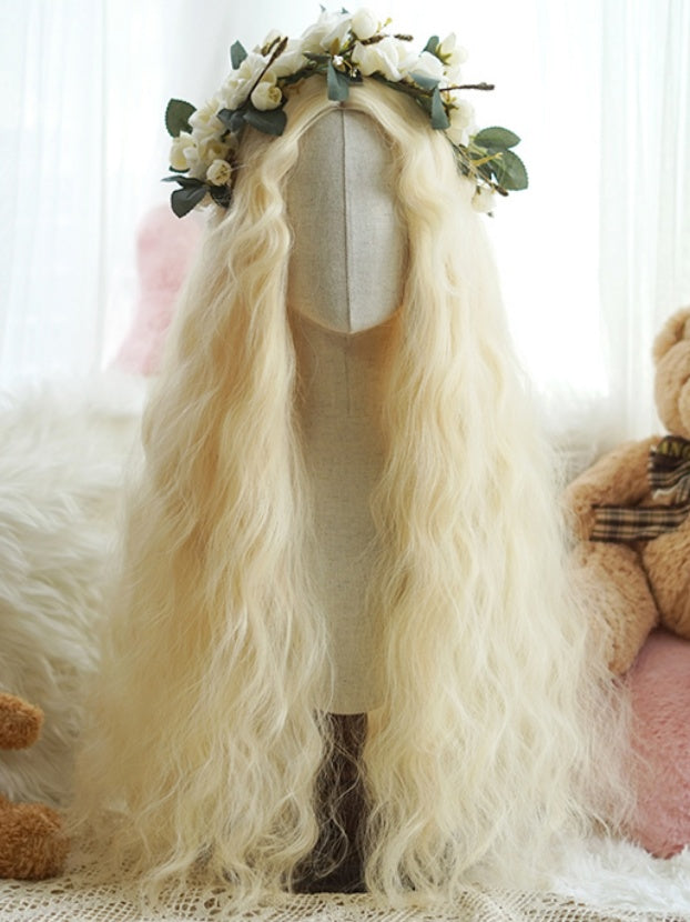 Light Blonde Hip Length Curly Wig With Curly Curtain Bangs