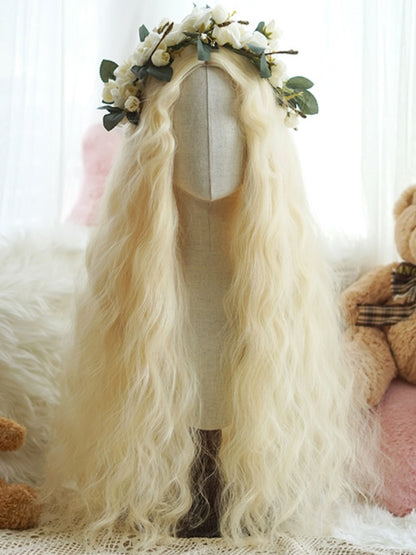 Light Blonde Hip Length Curly Wig With Curly Curtain Bangs