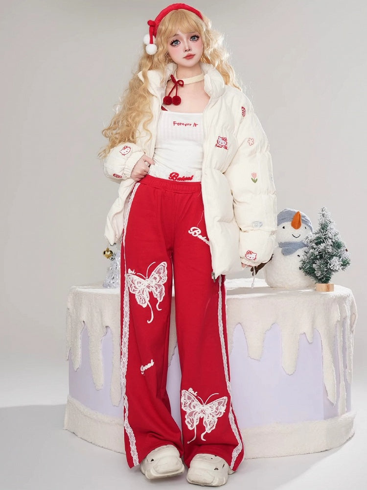 Black/Red Lace Butterflies Straight-leg Cut Pants Lace Trim