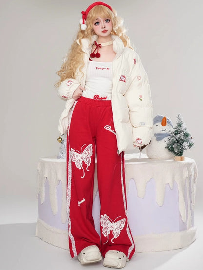 Black/Red Lace Butterflies Straight-leg Cut Pants Lace Trim