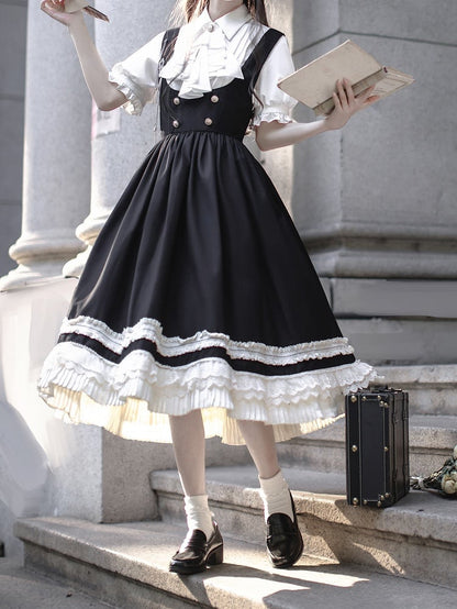 Preppy Style Black High Waist Overall Dress with Beige Lace Trim