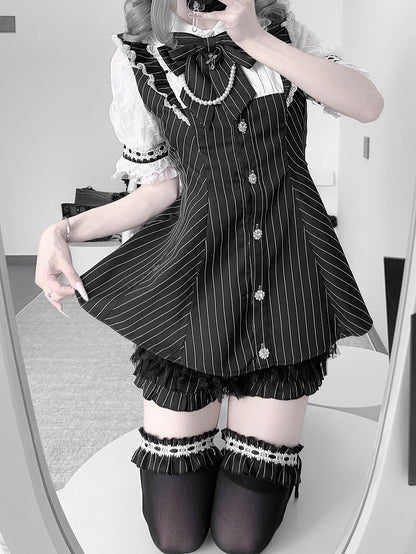 Mini Dress + Shorts Lace-up Back Neckline Illusion + Black Striped Jirai Kei Set- Bow Tie