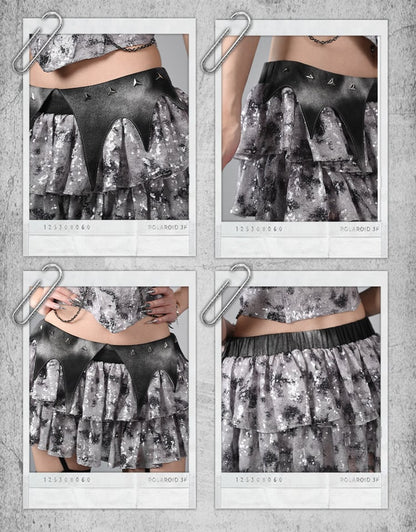 Fashion Waistband Skirt Low Y3K Waist Bat Wing Detail Sequins Tiered Cyberpunk Futuristic Silver Gray