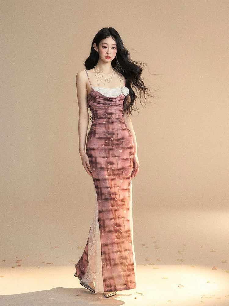 Slip Dress Lace Patches Slim-fitting Slit Brick Red Side