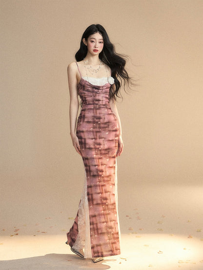 Slip Dress Lace Patches Slim-fitting Slit Brick Red Side