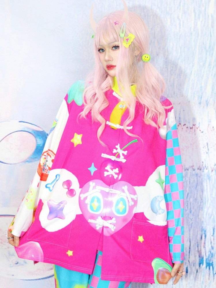Print Star And 6 Checked Shirt Pattern Bone Heart Colorful Y2K
