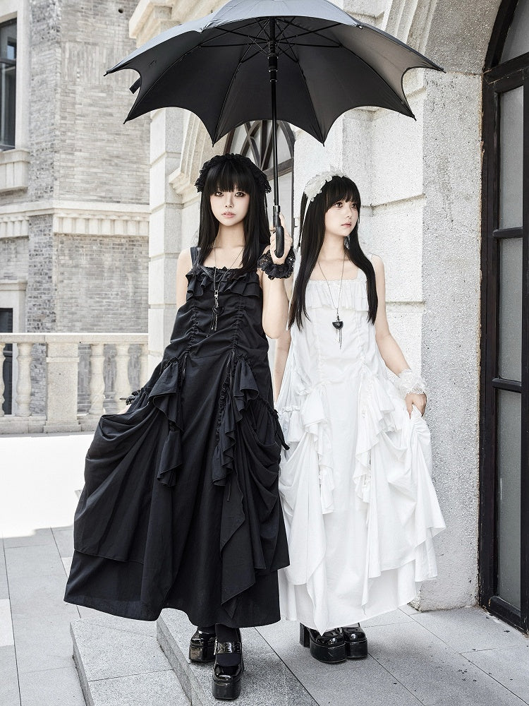 Dress Loose White Goth Ruffles Design Drawstring Cascading