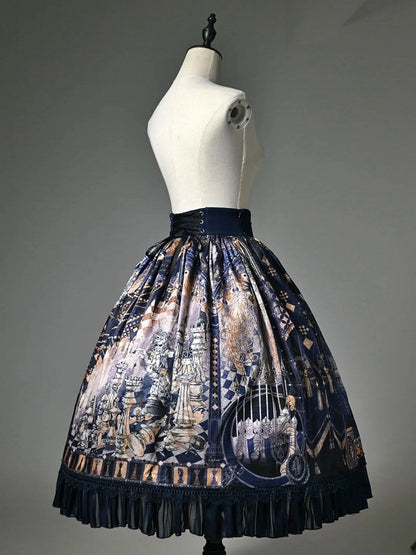 Chess Theme Blue Belt Waist Skirt Corset Print Dark Lolita