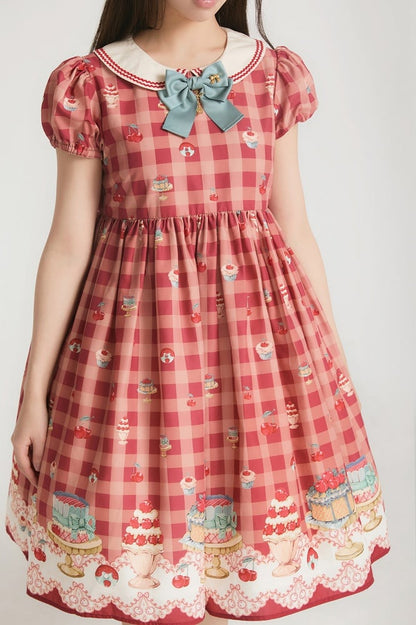 Red High Waist Cherry and Dessert Sweet Lolita Gingham Dress