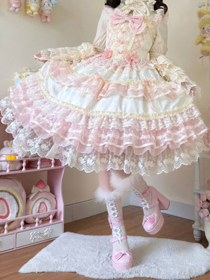 Decorated Chain Dress Hanayome Princess Bead Lolita Bows Apricot