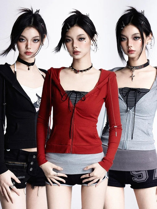 Top Slim-fitting Hooded Zip Closure Black/Gray/Red