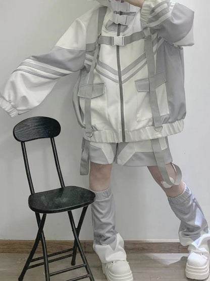 White & Gray Cyberpunk Buckle Straps Jirai Kei Hooded Zip Jacket