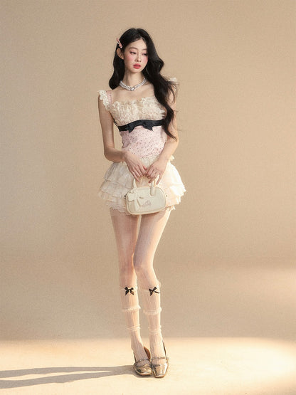 Glamorous Pink Polka-dot Pattern Sleeveless Top Ruffled Lace Trim Detail Bowknot
