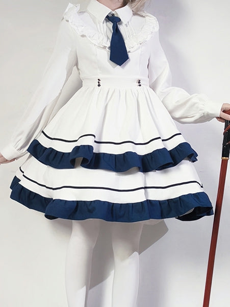 White&Blue Shirt Collar Ruffle Trim Tiered Dress with Tie