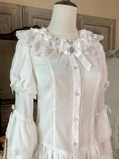 White Bowknots Adorned Ruffle Neckline Bell Sleeves Blouse