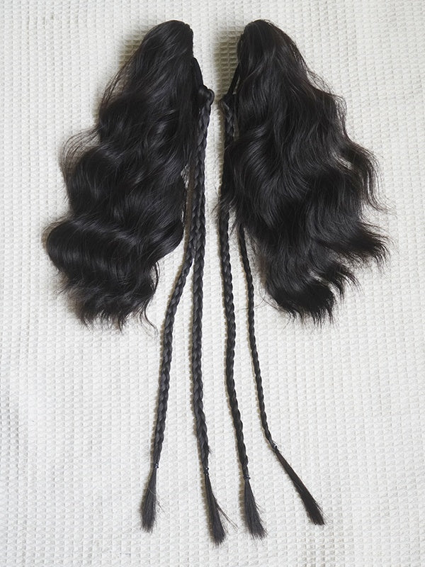 Black Tea Bob Cut Short Wig With Bangs＋Double Wavy Ponytail Claw Clips
