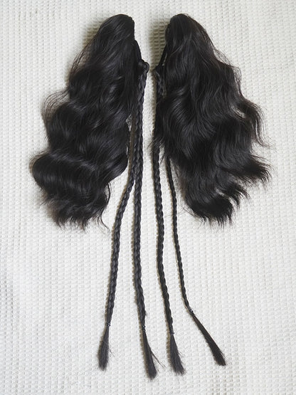 Black Tea Bob Cut Short Wig With Bangs＋Double Wavy Ponytail Claw Clips