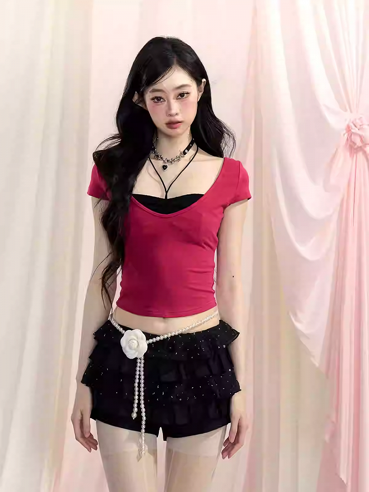 Backless T-Shirt Red/Yellow/Pink Glamorous Faux Two-Piece