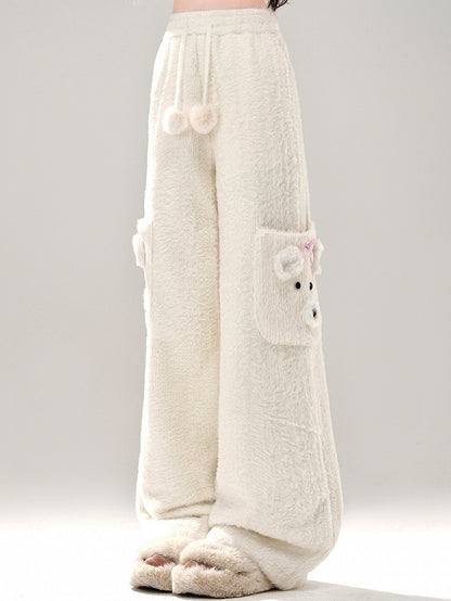 Milk White Cute Bear Pockets Fleece Lined Wide-leg Cut Soft Pants