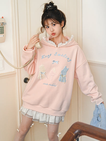 Pink Cute Crocheted Bunnies Details Fleece Lined Hoodie