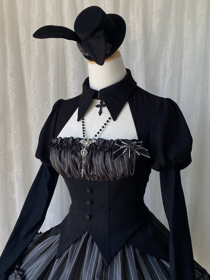 Black and Gray Fake Two-piece Bolero Top Dark Gothic Lolita Striped Dress