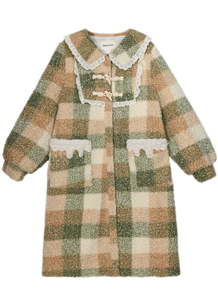 Green Polo Collar Lace Trim Plaid Fleece Coat