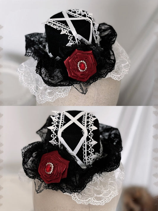 Mini Lolita Rot Schwarz Hut Gothic Rose