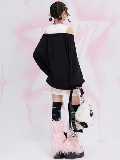 Black Star Fake Two-piece Cutout Shoulder Sweatshirt