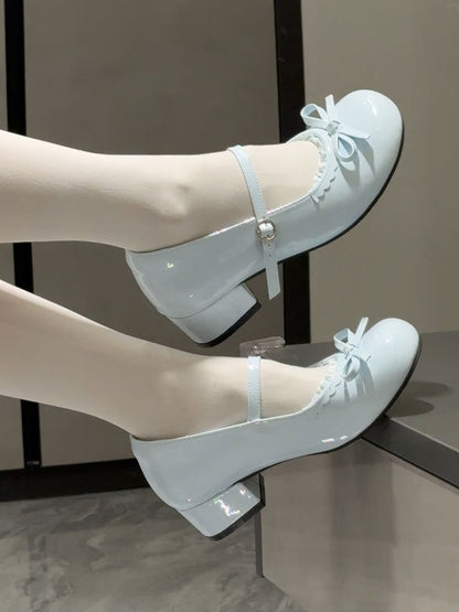 Low-heel Shoes Sweet at Top Blue Knotted Baby Bow Trim Lace