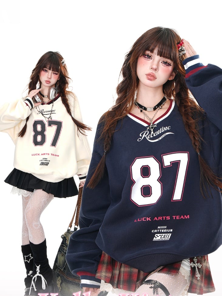 Apricot/Navy Blue V-Neck?Number Print Bittersweet Loose Sweatshirt