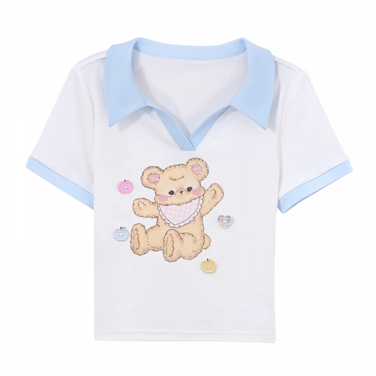 Version Bear Print Apple and Heart Buttons T-Shirt V-neck White Short