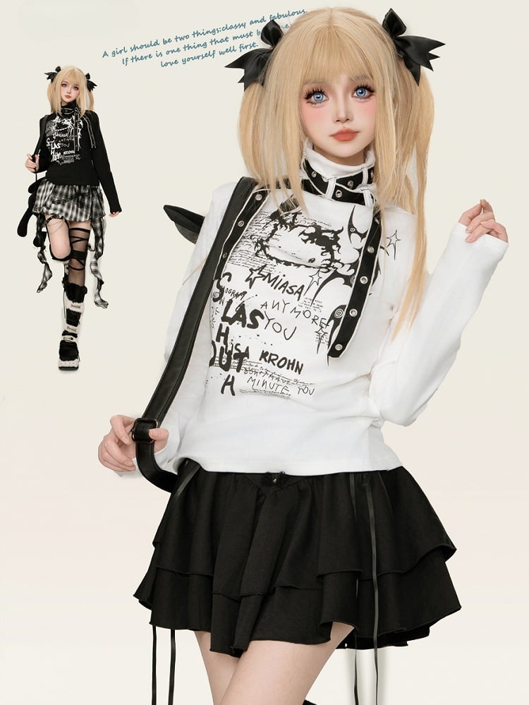 Jirai Kei Black/White Kitty Strap Details High Neck Top