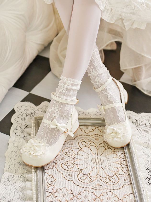 White Round Buckles Heart Lolita Lace at Milky Bow Toe Top Trim