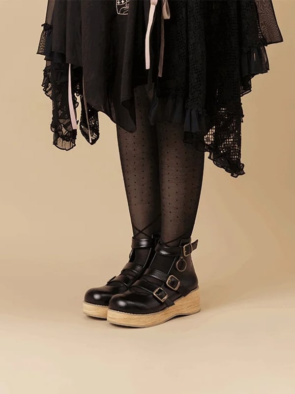 Platforms Toe with Wedge Buckle 3–5 cm Sole Round Black 3 Straps