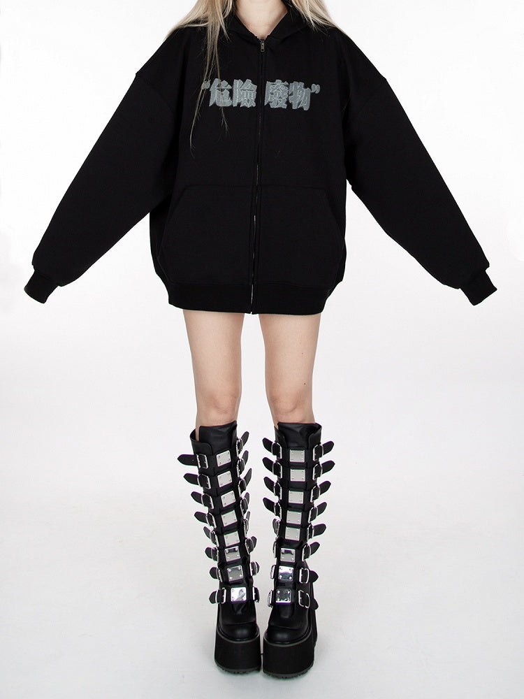 Black Zip Closure Graphic Hoodie